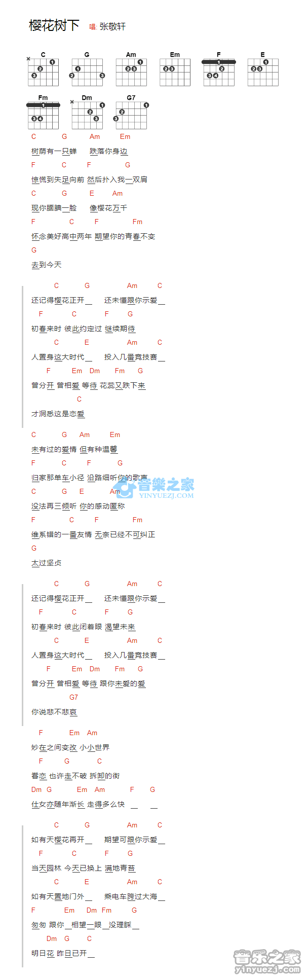 《樱花树下》吉他谱 C调和弦谱_张敬轩第1张