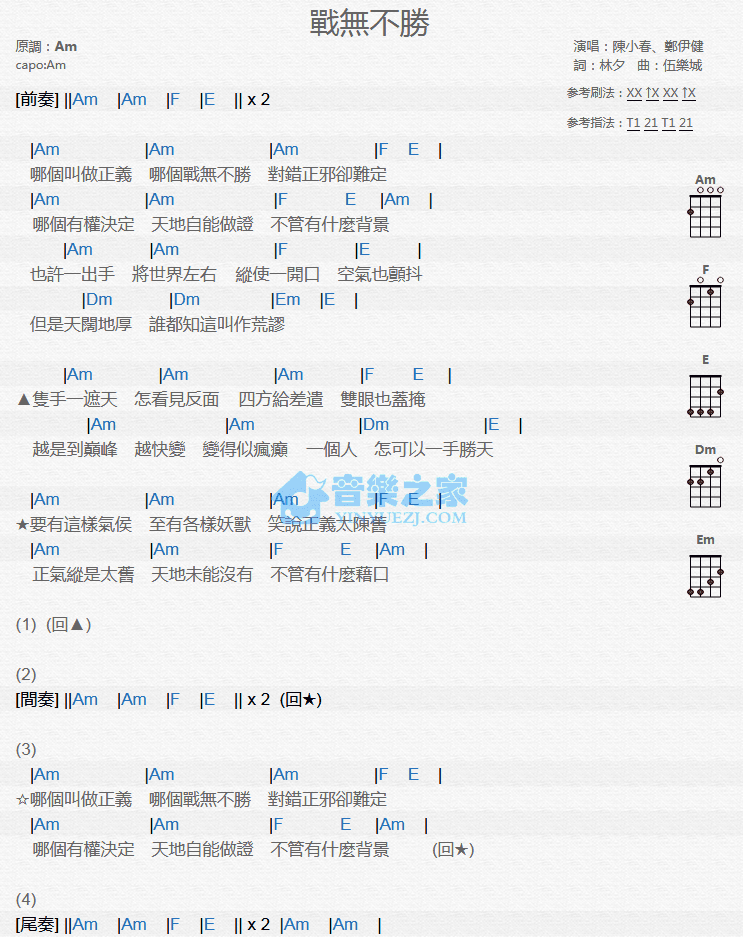 陈小春《战无不胜》尤克里里谱弹唱版 A调和弦谱第1张