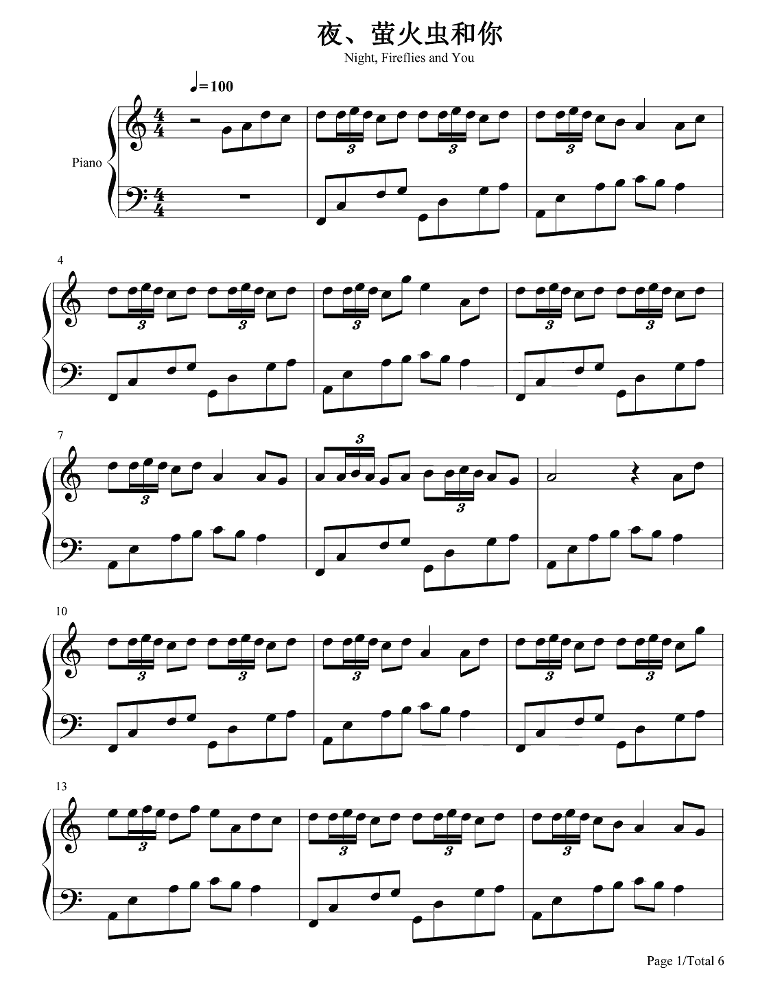 AniFace《夜、萤火虫和你》钢琴谱第1张