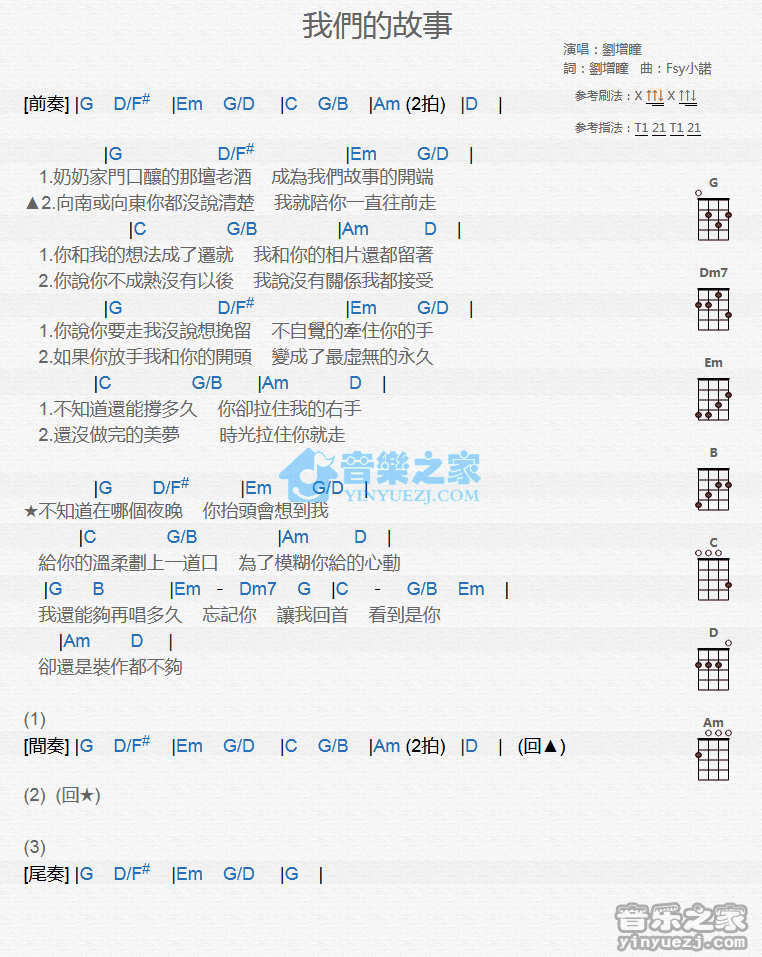 刘增瞳《我们的故事》尤克里里谱弹唱版 G调和弦谱第1张