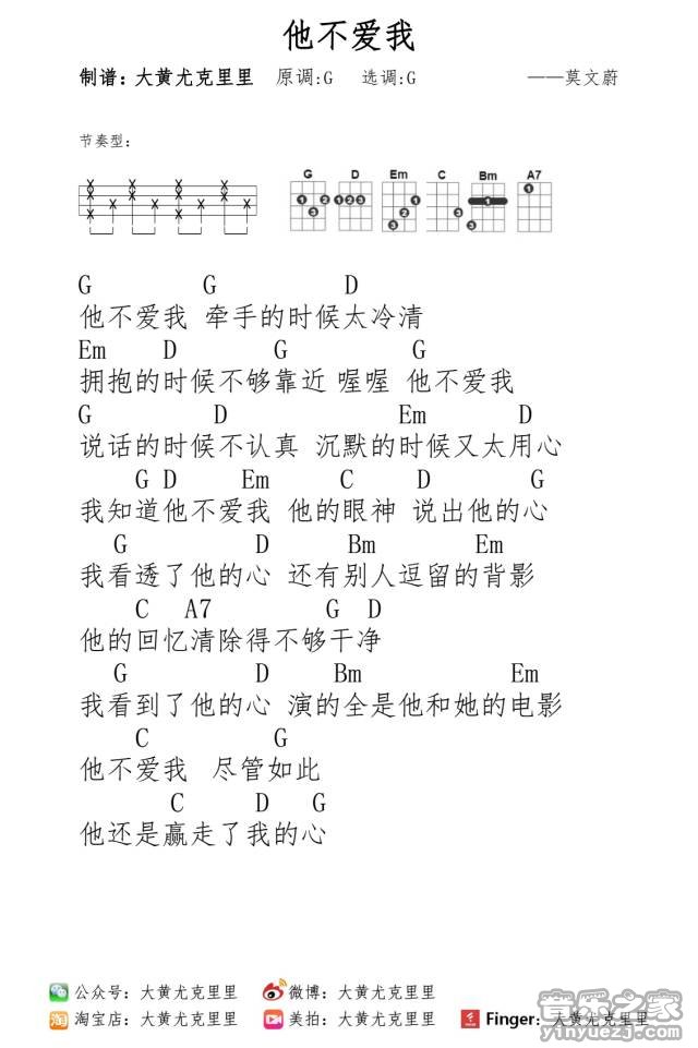 莫文蔚《他不爱我》尤克里里谱 G调和弦谱第1张