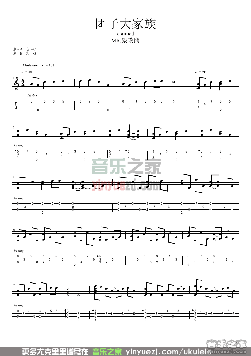 茶太《团子大家族》尤克里里谱指弹版 A调第1张