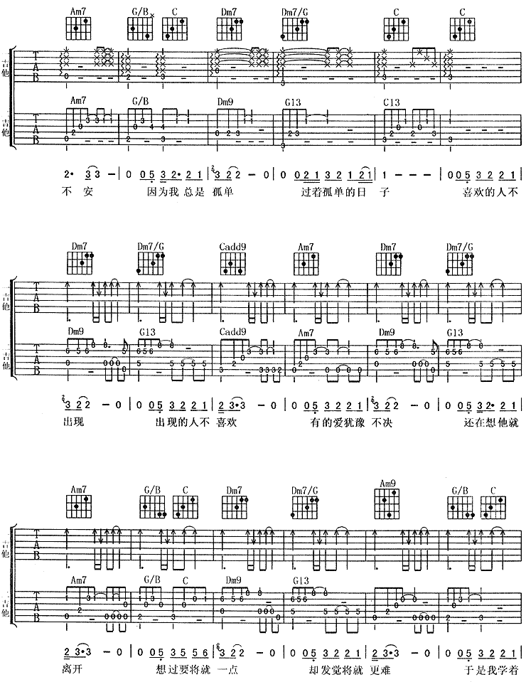 刘若英《一辈子的孤独》吉他谱 C调附前奏第2张