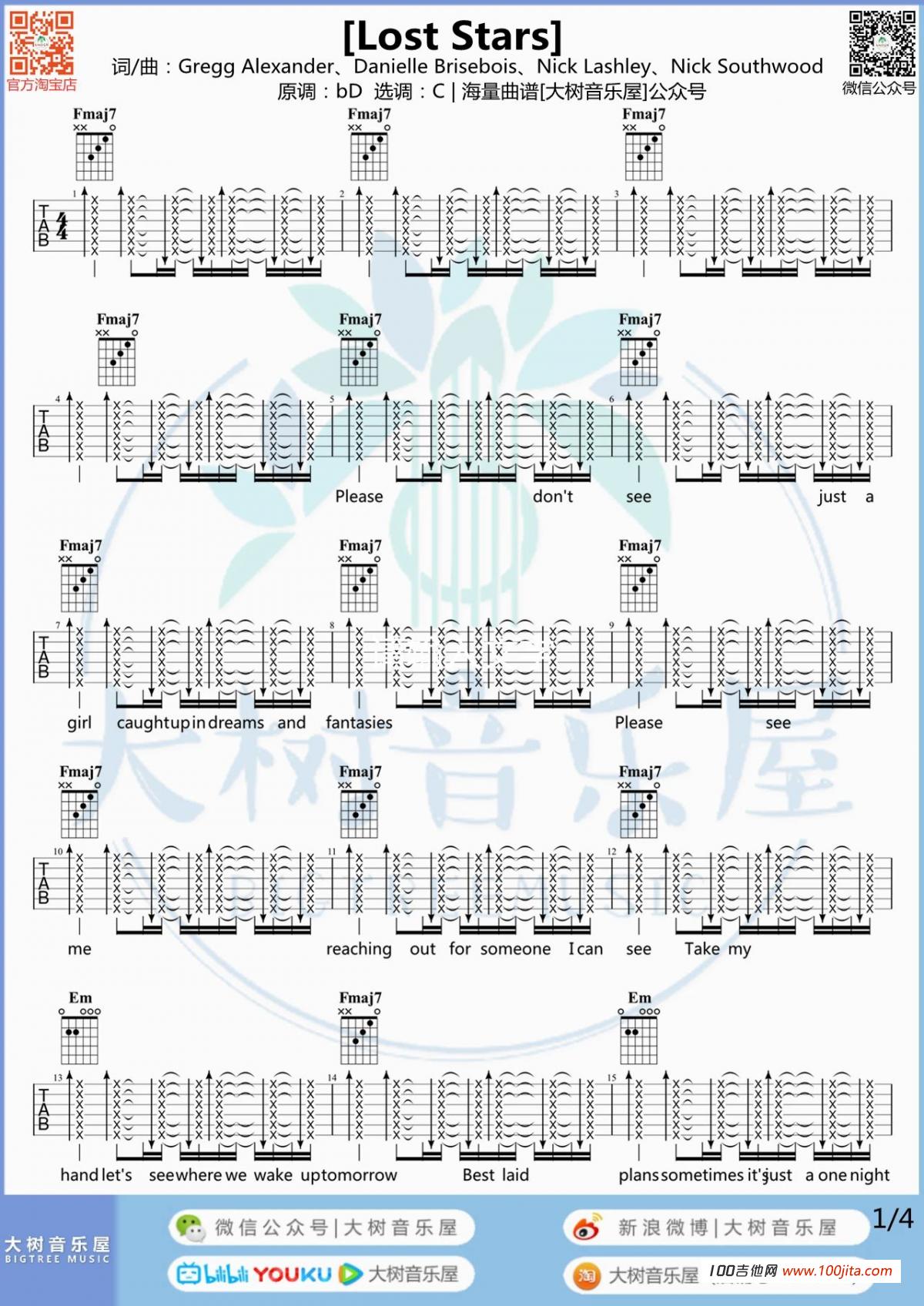 Lost Stars吉他谱「Begin Again」吉他谱六线谱弹唱谱第1张