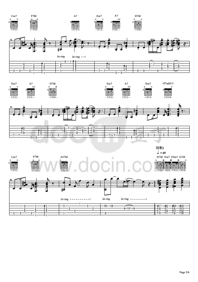 四人游指弹谱 原调六线谱_豆丁网编配_方大同第2张