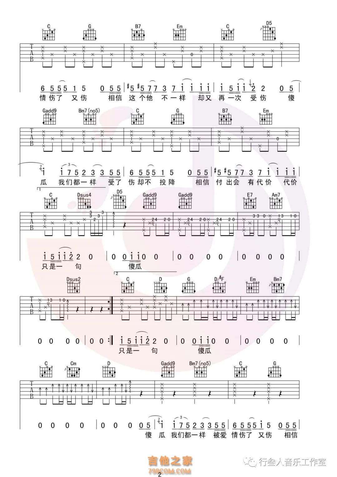 温岚 《傻瓜》吉他谱 -A调弹唱谱第2张