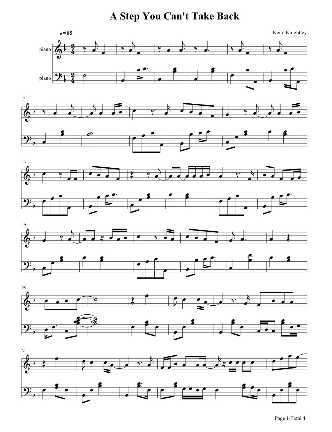 凯拉·奈特莉《A Step You Can't Take Back》钢琴谱第1张