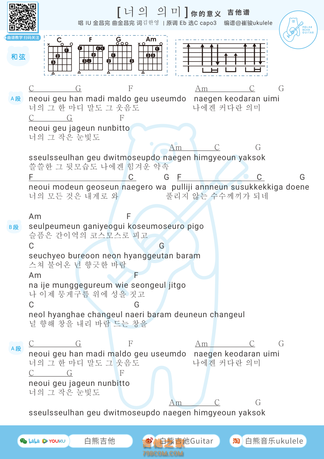 IU&金昌万《你的意义》吉他谱-C调简单版和弦谱第1张