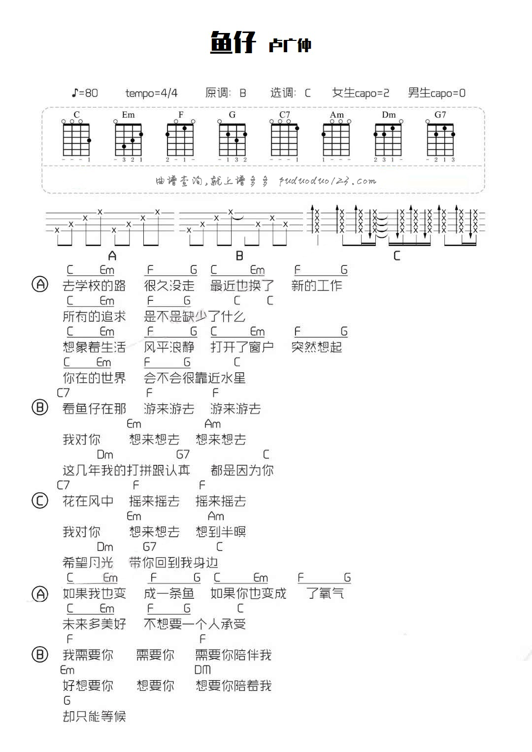 卢广仲《鱼仔》尤克里里谱-C调弹唱和弦谱第1张