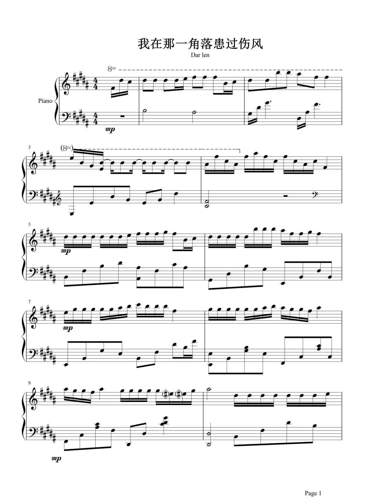 冯曦妤《我在那一角落患过伤风》钢琴谱 第1张