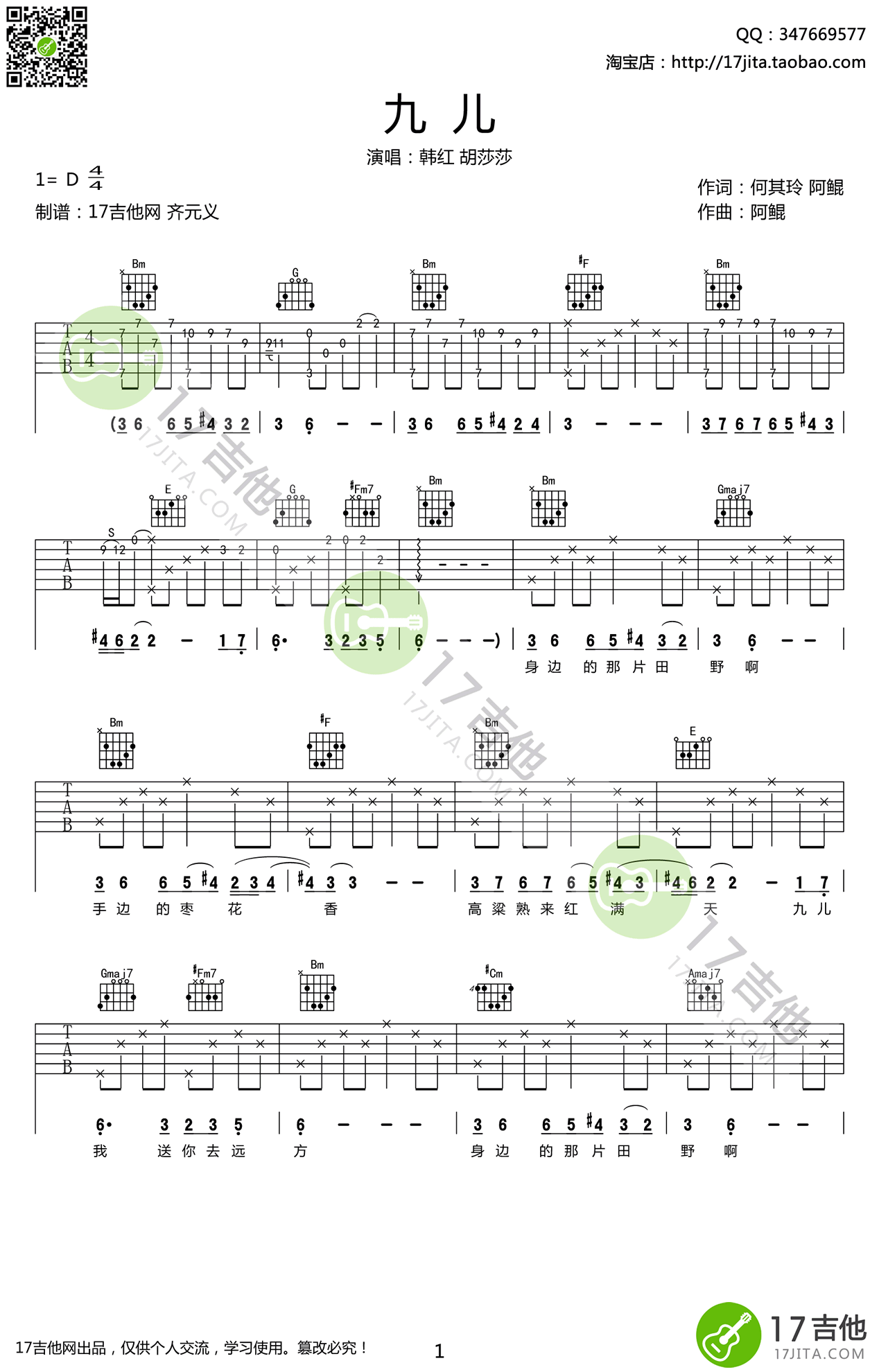 九儿吉他谱_韩红_D调原版弹唱六线谱第1张