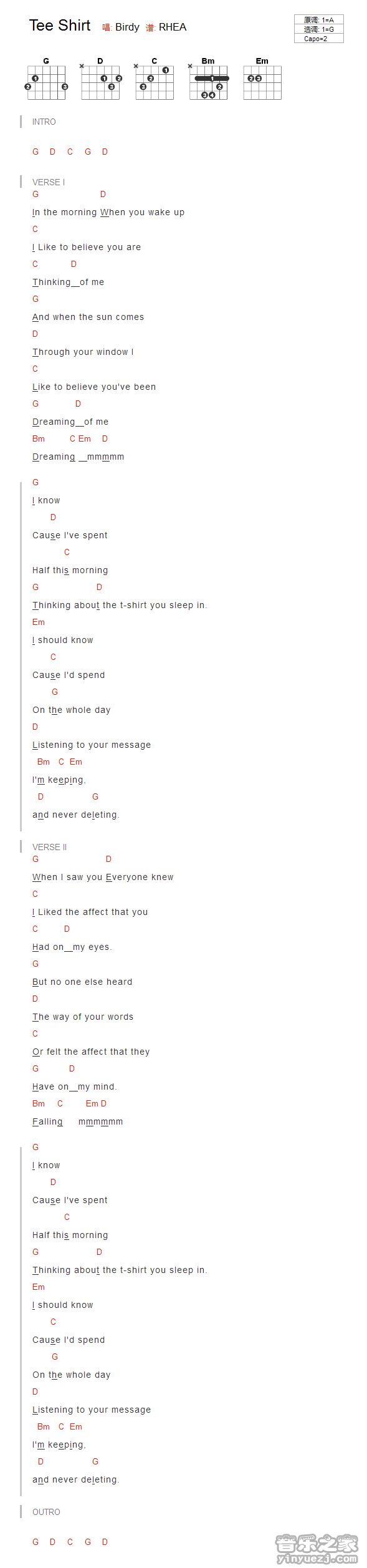 Birdy《Tee Shirt》吉他谱_吉他弹唱谱_YYZJ编配第1张