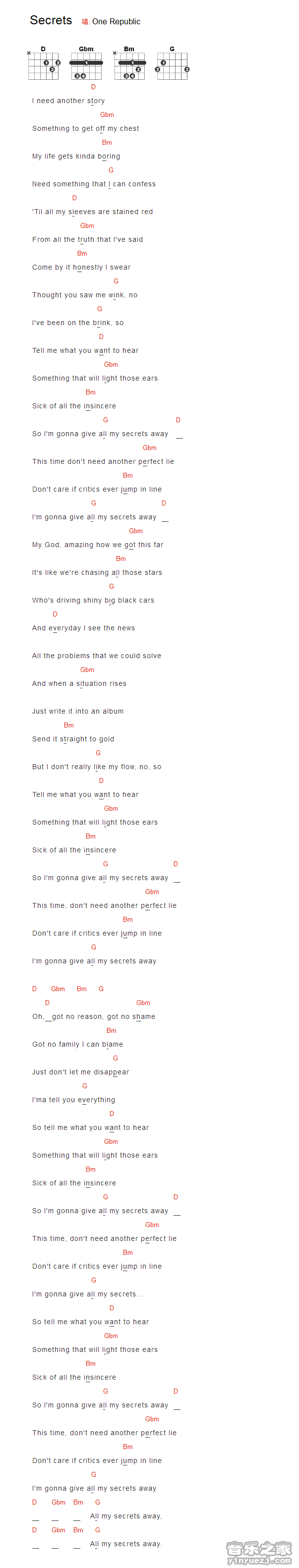 OneRepublic《Secrets》吉他谱_吉他弹唱谱_YYZJ编配第1张