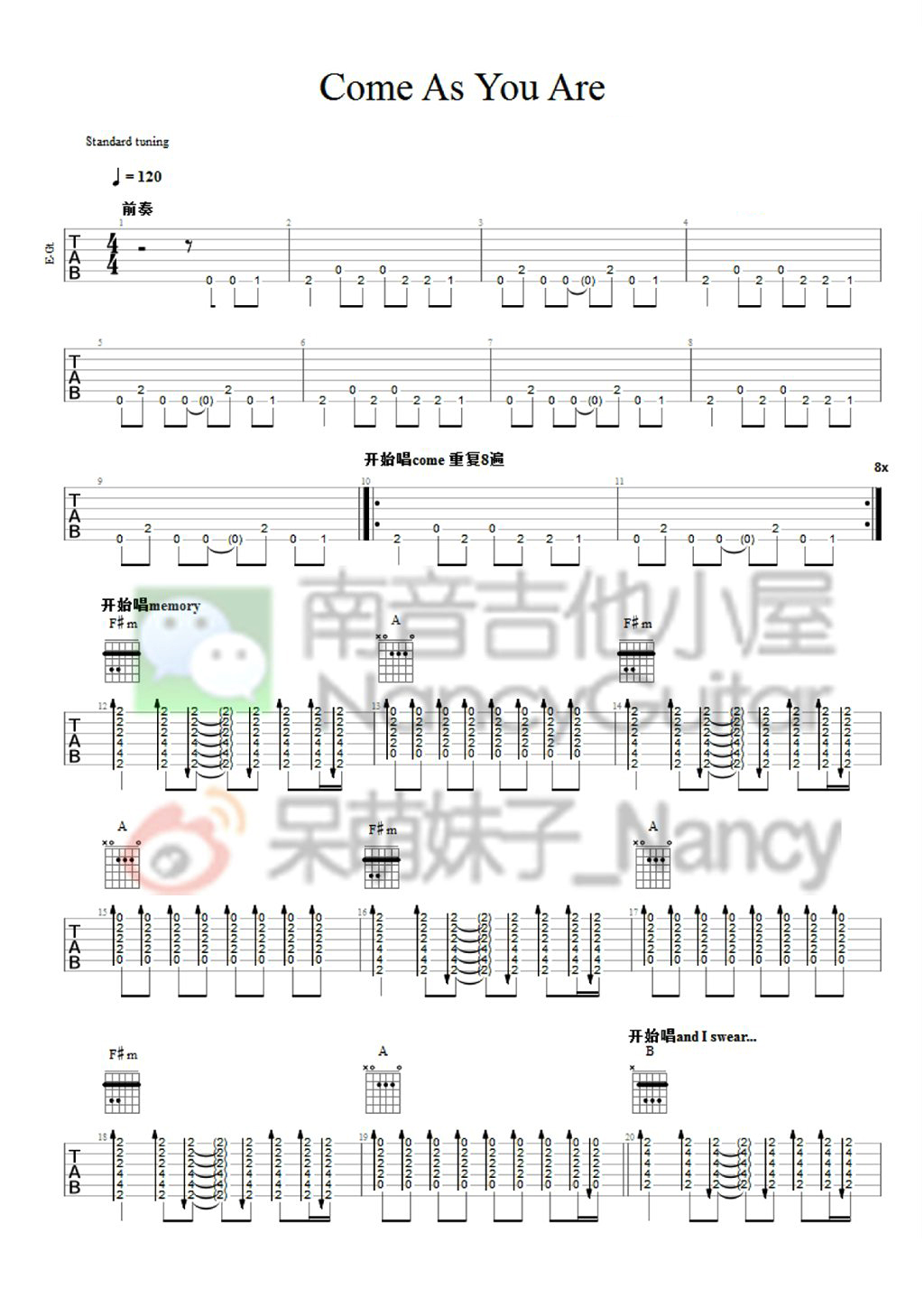 Nirvana《Come As You Are》吉他谱_吉他弹唱谱_南音吉他编配第1张