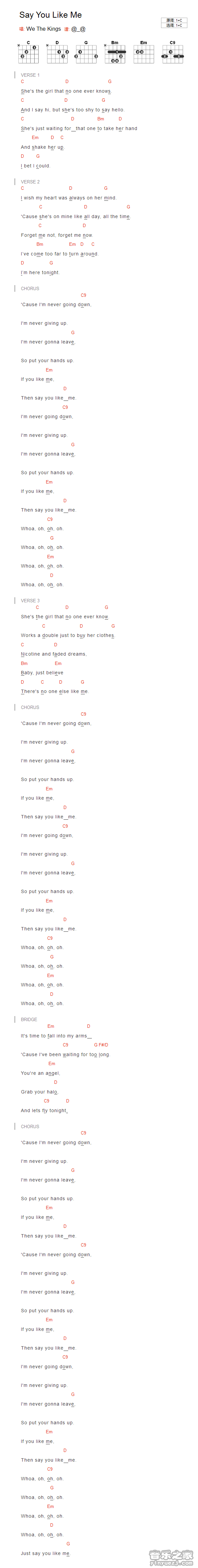WeTheKings《Say You Like Me》吉他谱_吉他弹唱谱_YYZJ编配第1张