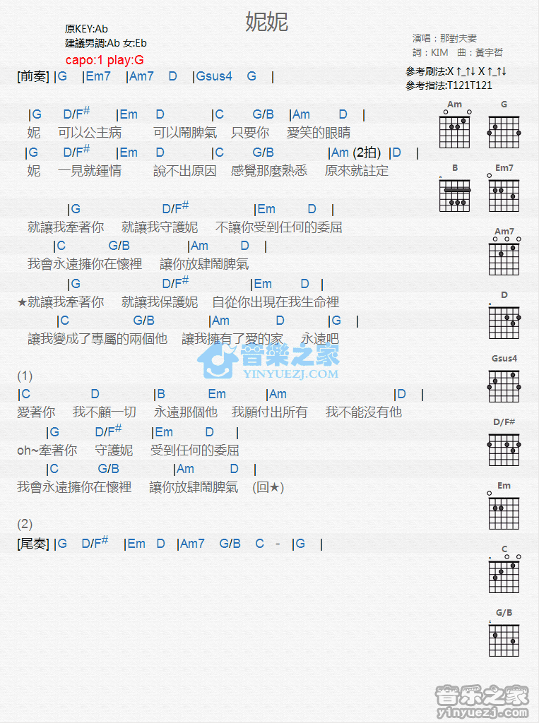 那对夫妻《妮妮》吉他谱_吉他弹唱谱第1张